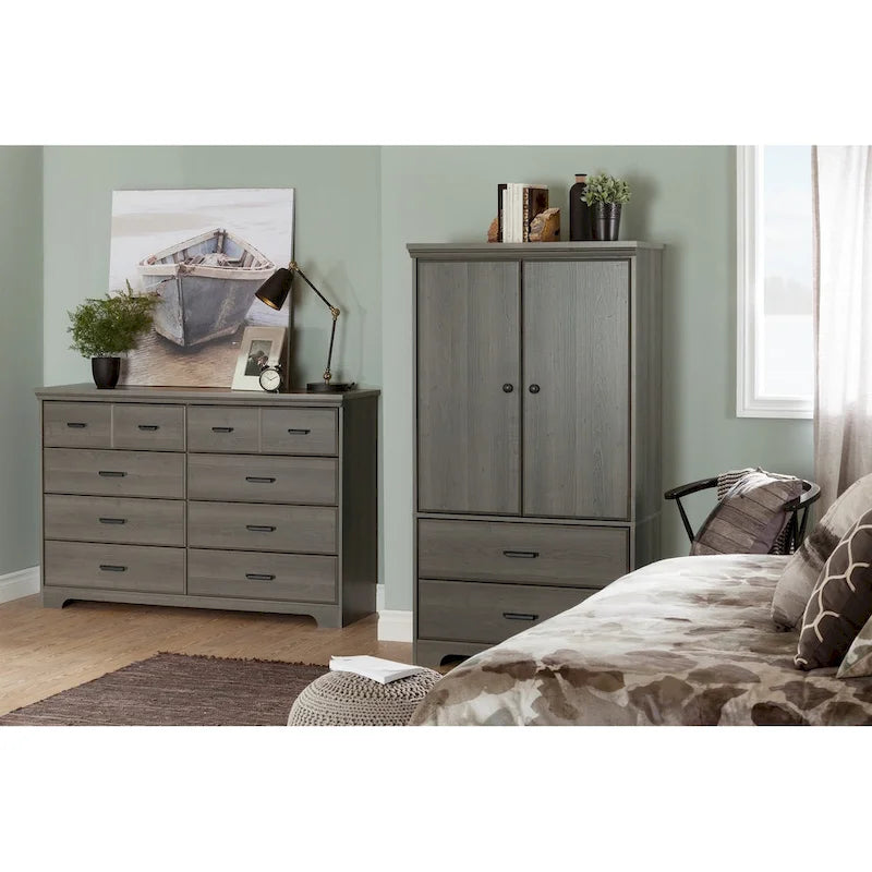 Commode double à 8 tiroirs avec glissières souples, bords biseautés et poignées métalliques – Érable Gris / Chêne vieilli, pour 1 personne / ménage