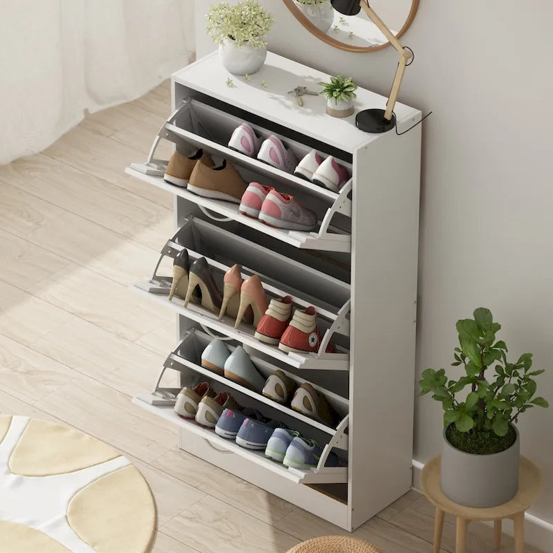 Meuble à chaussures 3 tiroirs basculants avec plateau supérieur pour entrée – Orange / Gris / Marron / Blanc / Bois, pour 1 personne / foyer
