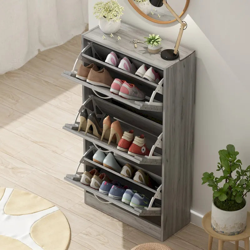 Meuble à chaussures 3 tiroirs basculants avec plateau supérieur pour entrée – Orange / Gris / Marron / Blanc / Bois, pour 1 personne / foyer
