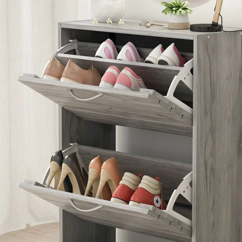 Meuble à chaussures 3 tiroirs basculants avec plateau supérieur pour entrée – Orange / Gris / Marron / Blanc / Bois, pour 1 personne / foyer