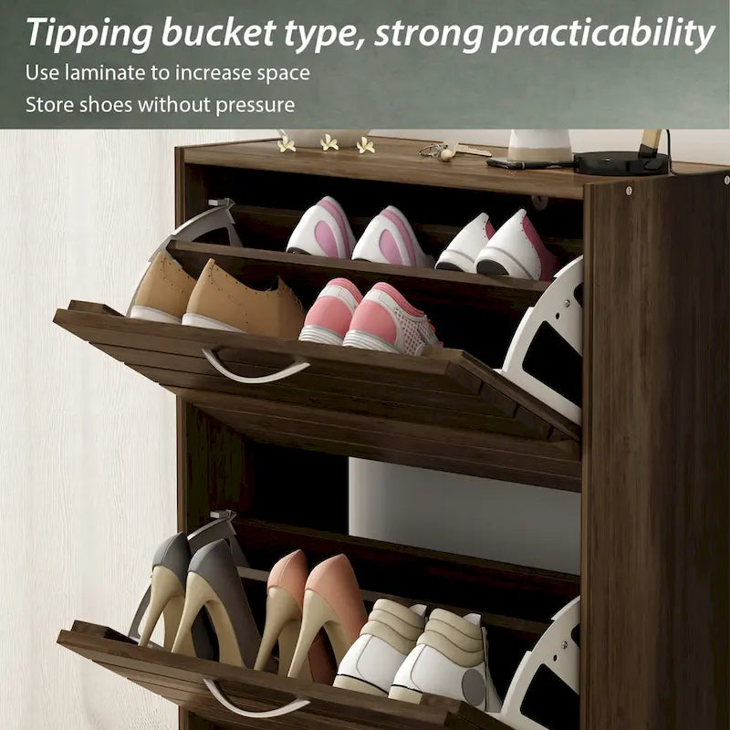 Meuble à chaussures 3 tiroirs basculants avec plateau supérieur pour entrée – Orange / Gris / Marron / Blanc / Bois, pour 1 personne / foyer