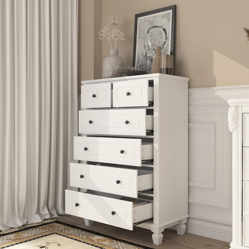 Commode moderne à 6 tiroirs avec poignées en métal et glissières de tiroir en métal lisses – Blanche, pour 1 personne/foyer
