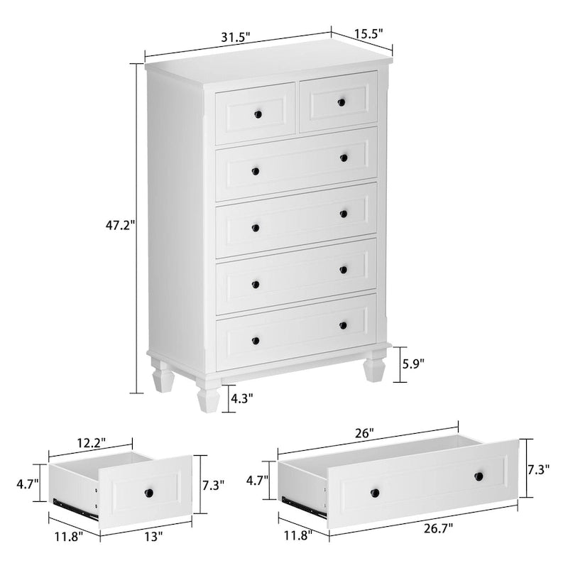 Commode moderne à 6 tiroirs avec poignées en métal et glissières de tiroir en métal lisses – Blanche, pour 1 personne/foyer