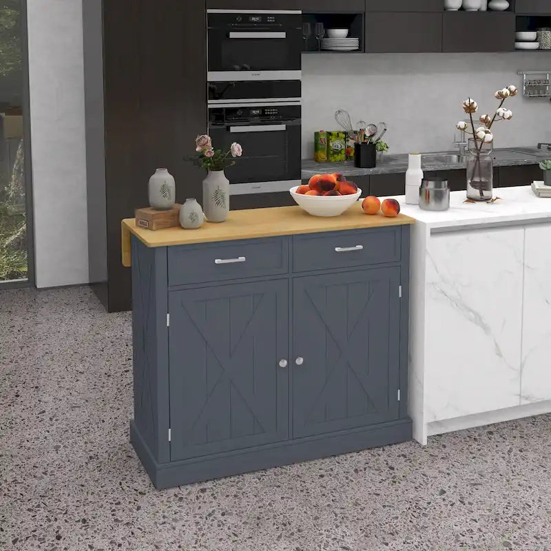 Grey Farmhouse Rolling Kitchen Island Cart with Drop Leaf, 2 Drawers and Cabinet – Single Unit