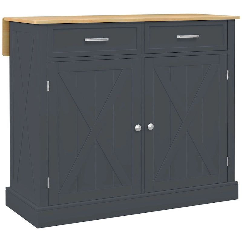 Grey Farmhouse Rolling Kitchen Island Cart with Drop Leaf, 2 Drawers and Cabinet – Single Unit