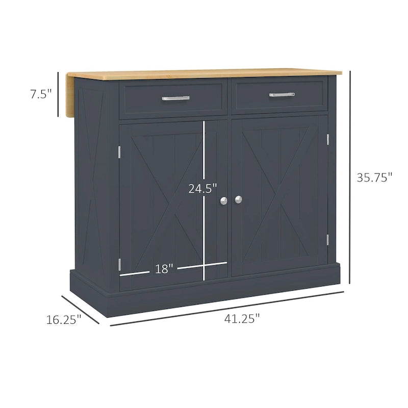 Grey Farmhouse Rolling Kitchen Island Cart with Drop Leaf, 2 Drawers and Cabinet – Single Unit