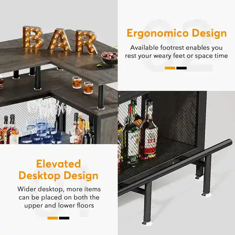 Table de bar en L marron/noir/gris avec rangement à 2 niveaux et support à verres – Unité unique