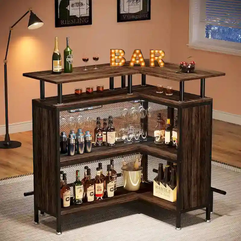 Brown / Black / Grey L-Shaped Home Bar Table with 2-Tier Storage and Stemware Rack – Single Unit