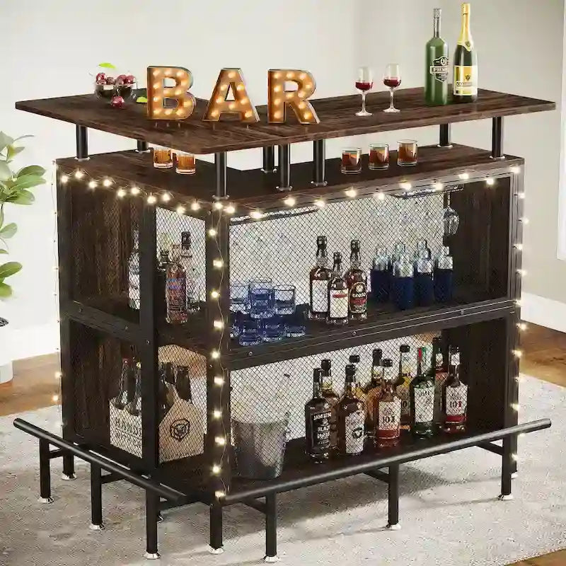 Brown / Black / Grey L-Shaped Home Bar Table with 2-Tier Storage and Stemware Rack – Single Unit