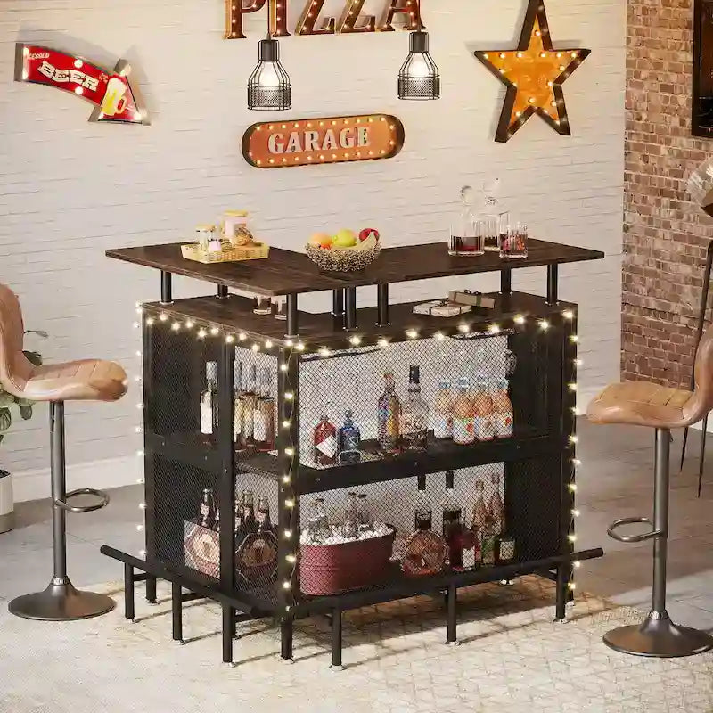 Table de bar en L marron/noir/gris avec rangement à 2 niveaux et support à verres – Unité unique