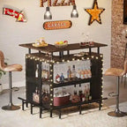 Table de bar en L marron/noir/gris avec rangement à 2 niveaux et support à verres – Unité unique