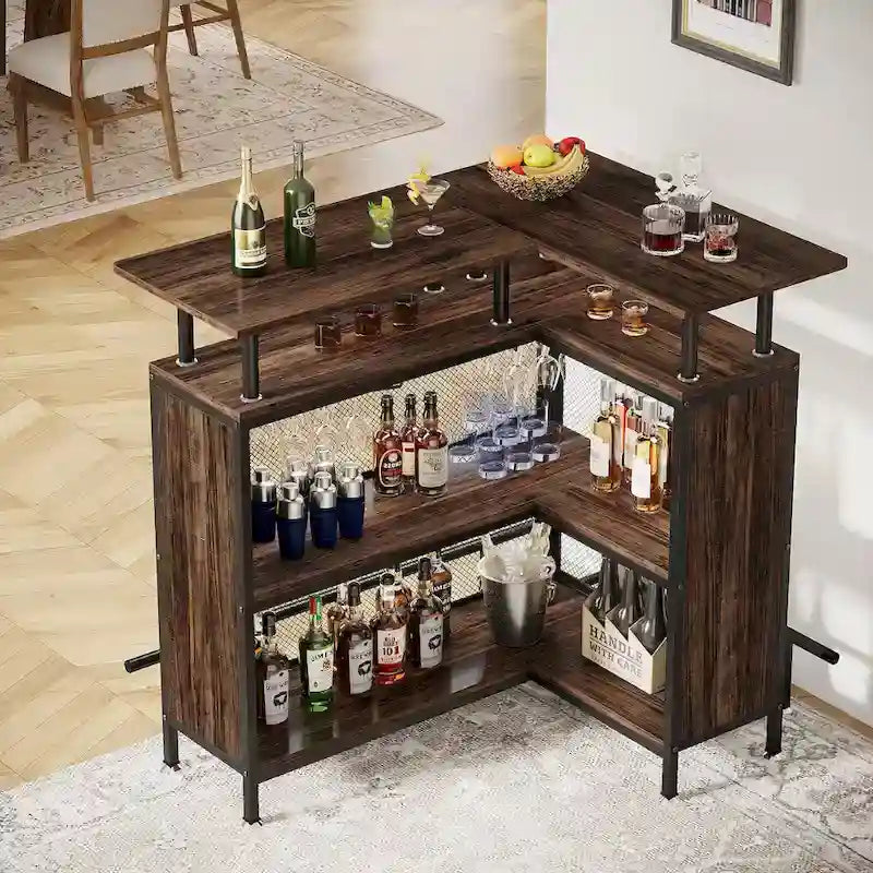 Table de bar en L marron/noir/gris avec rangement à 2 niveaux et support à verres – Unité unique