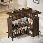 Table de bar en L marron/noir/gris avec rangement à 2 niveaux et support à verres – Unité unique