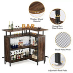 Table de bar en L marron/noir/gris avec rangement à 2 niveaux et support à verres – Unité unique