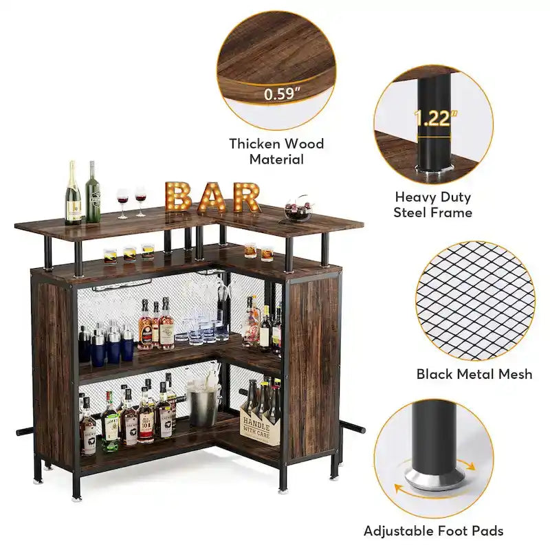 Table de bar en L marron/noir/gris avec rangement à 2 niveaux et support à verres – Unité unique