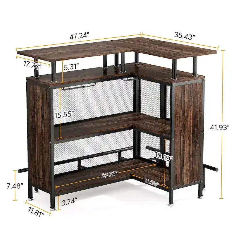 Table de bar en L marron/noir/gris avec rangement à 2 niveaux et support à verres – Unité unique