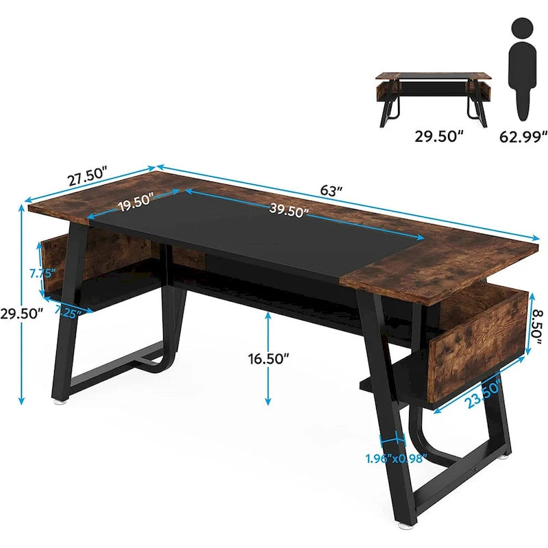 Bureau d'ordinateur/d'écriture 160 cm Noir/Blanc/Gris avec étagère de rangement – Monoposte