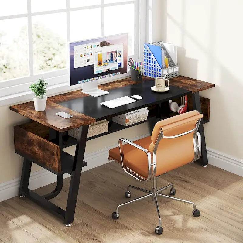 Bureau d'ordinateur/d'écriture 160 cm Noir/Blanc/Gris avec étagère de rangement – Monoposte