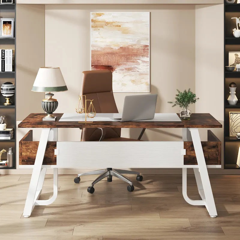 Bureau d'ordinateur/d'écriture 160 cm Noir/Blanc/Gris avec étagère de rangement – Monoposte
