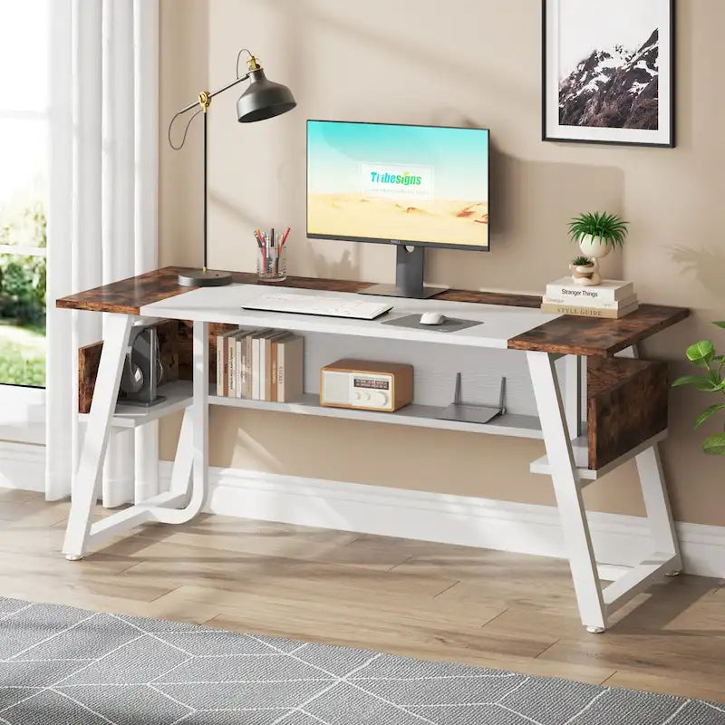 Bureau d'ordinateur/d'écriture 160 cm Noir/Blanc/Gris avec étagère de rangement – Monoposte