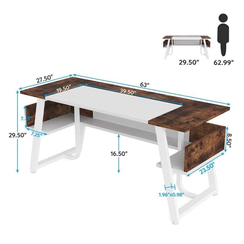 Bureau d'ordinateur/d'écriture 160 cm Noir/Blanc/Gris avec étagère de rangement – Monoposte