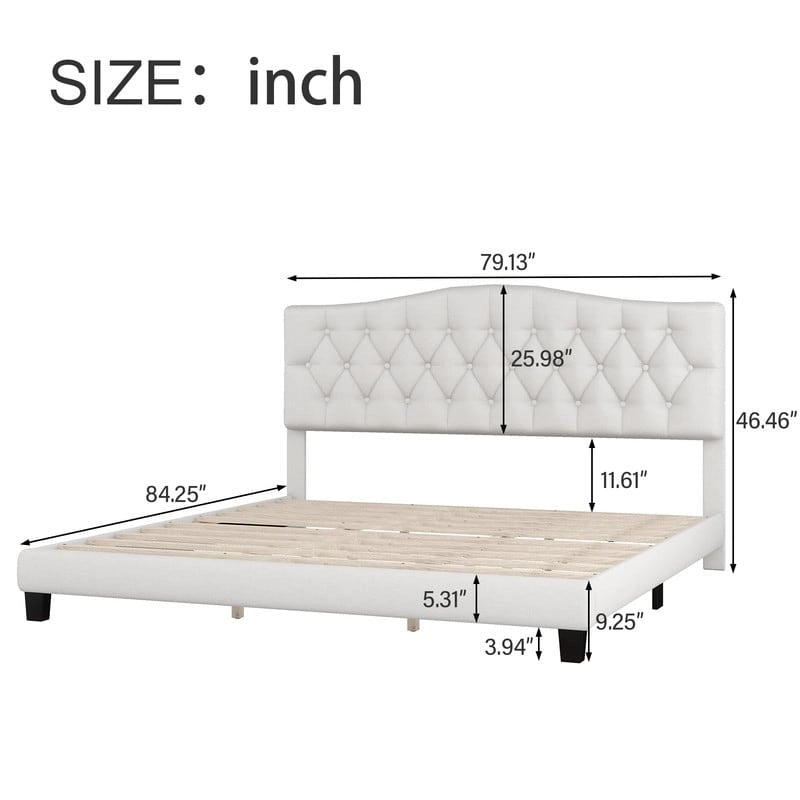 King Size Upholstered Platform Bed with Arched Tufted Headboard and Wood Slat Support – Beige, for 1–2 People