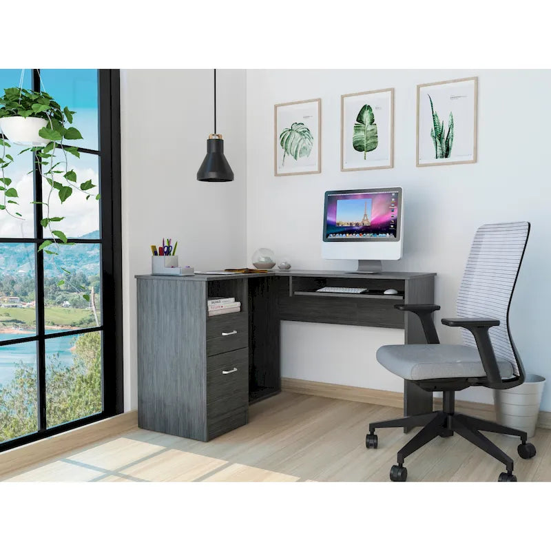 Bureau d'angle en L marron/noir/gris avec 2 tiroirs, tablette clavier et rangement unité centrale – Mono-utilisateur