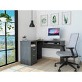 Bureau d'angle en L marron/noir/gris avec 2 tiroirs, tablette clavier et rangement unité centrale – Mono-utilisateur