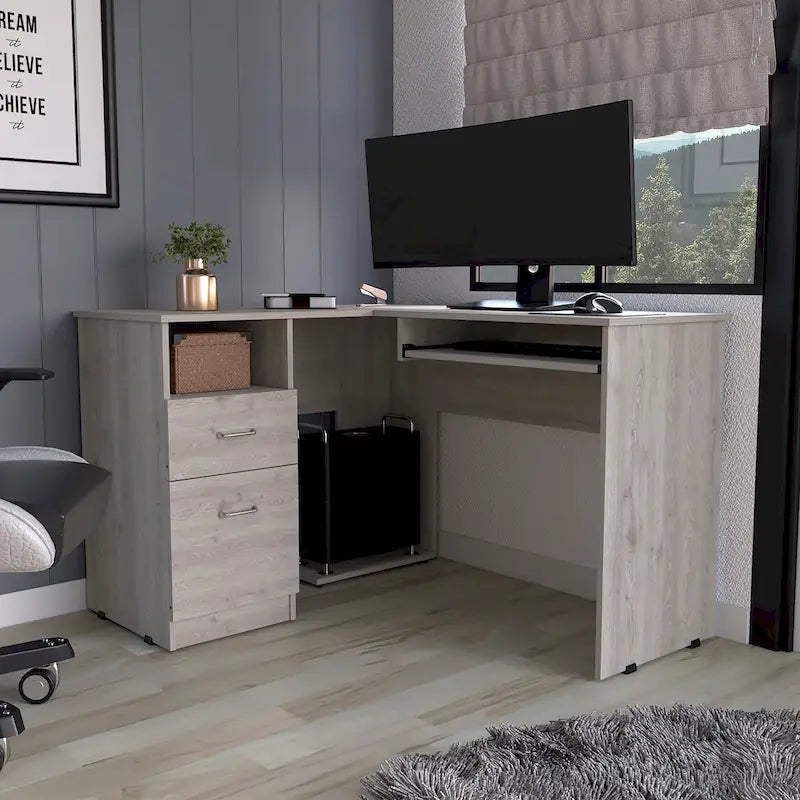Bureau d'angle en L marron/noir/gris avec 2 tiroirs, tablette clavier et rangement unité centrale – Mono-utilisateur