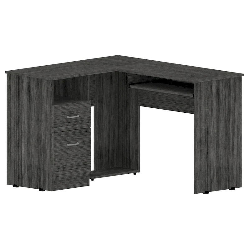 Bureau d'angle en L marron/noir/gris avec 2 tiroirs, tablette clavier et rangement unité centrale – Mono-utilisateur