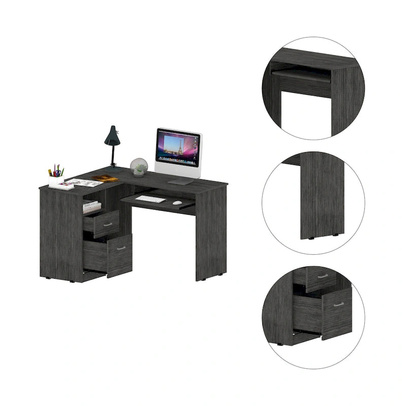 Bureau d'angle en L marron/noir/gris avec 2 tiroirs, tablette clavier et rangement unité centrale – Mono-utilisateur
