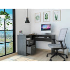 Bureau d'angle en L marron/noir/gris avec 2 tiroirs, tablette clavier et rangement unité centrale – Mono-utilisateur