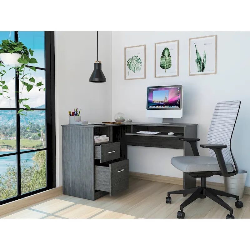 Bureau d'angle en L marron/noir/gris avec 2 tiroirs, tablette clavier et rangement unité centrale – Mono-utilisateur