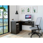 Bureau d'angle en L marron/noir/gris avec 2 tiroirs, tablette clavier et rangement unité centrale – Mono-utilisateur