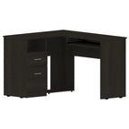 Bureau d'angle en L marron/noir/gris avec 2 tiroirs, tablette clavier et rangement unité centrale – Mono-utilisateur