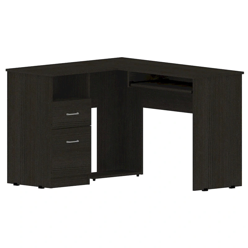 Bureau d'angle en L marron/noir/gris avec 2 tiroirs, tablette clavier et rangement unité centrale – Mono-utilisateur