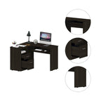 Bureau d'angle en L marron/noir/gris avec 2 tiroirs, tablette clavier et rangement unité centrale – Mono-utilisateur
