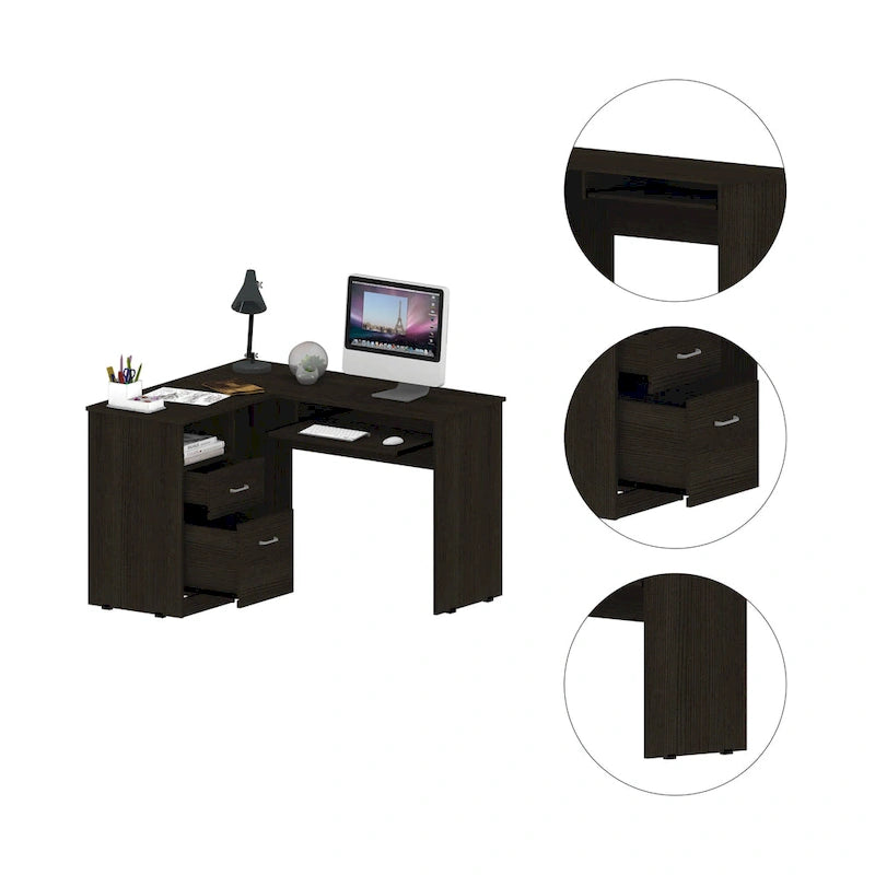 Bureau d'angle en L marron/noir/gris avec 2 tiroirs, tablette clavier et rangement unité centrale – Mono-utilisateur