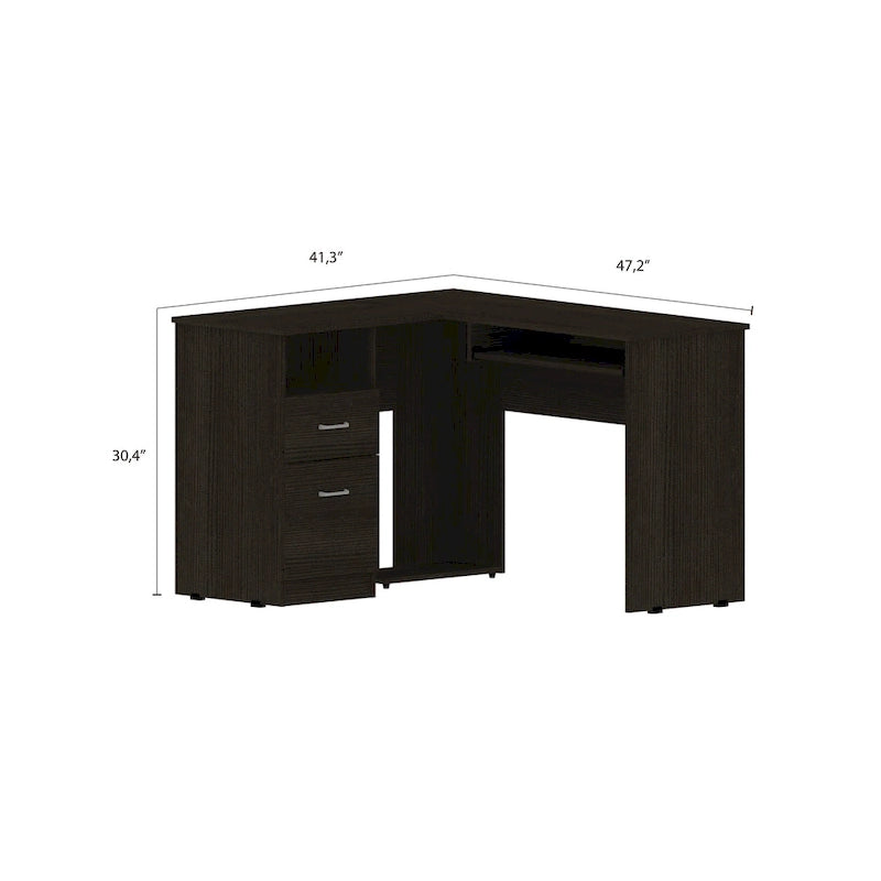 Bureau d'angle en L marron/noir/gris avec 2 tiroirs, tablette clavier et rangement unité centrale – Mono-utilisateur