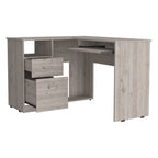 Bureau d'angle en L marron/noir/gris avec 2 tiroirs, tablette clavier et rangement unité centrale – Mono-utilisateur