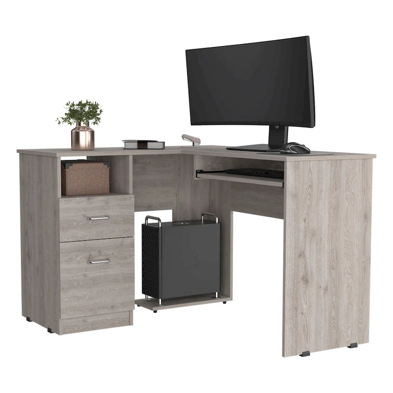 Bureau d'angle en L marron/noir/gris avec 2 tiroirs, tablette clavier et rangement unité centrale – Mono-utilisateur