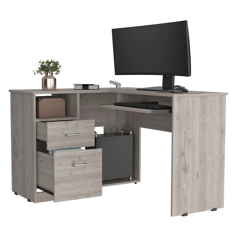 Bureau d'angle en L marron/noir/gris avec 2 tiroirs, tablette clavier et rangement unité centrale – Mono-utilisateur