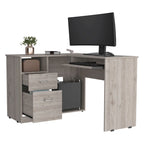 Bureau d'angle en L marron/noir/gris avec 2 tiroirs, tablette clavier et rangement unité centrale – Mono-utilisateur