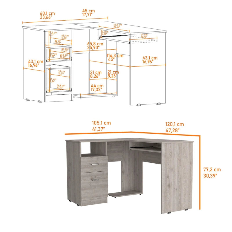 Bureau d'angle en L marron/noir/gris avec 2 tiroirs, tablette clavier et rangement unité centrale – Mono-utilisateur