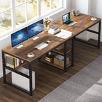 Bureau double industriel avec étagères – 2 personnes – Marron / Blanc / Noir / Gris / Gris clair