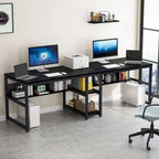 Bureau double industriel avec étagères – 2 personnes – Marron / Blanc / Noir / Gris / Gris clair