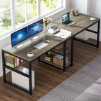 Bureau double industriel avec étagères – 2 personnes – Marron / Blanc / Noir / Gris / Gris clair
