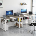Bureau double industriel avec étagères – 2 personnes – Marron / Blanc / Noir / Gris / Gris clair