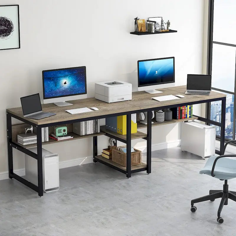 Bureau double industriel avec étagères – 2 personnes – Marron / Blanc / Noir / Gris / Gris clair