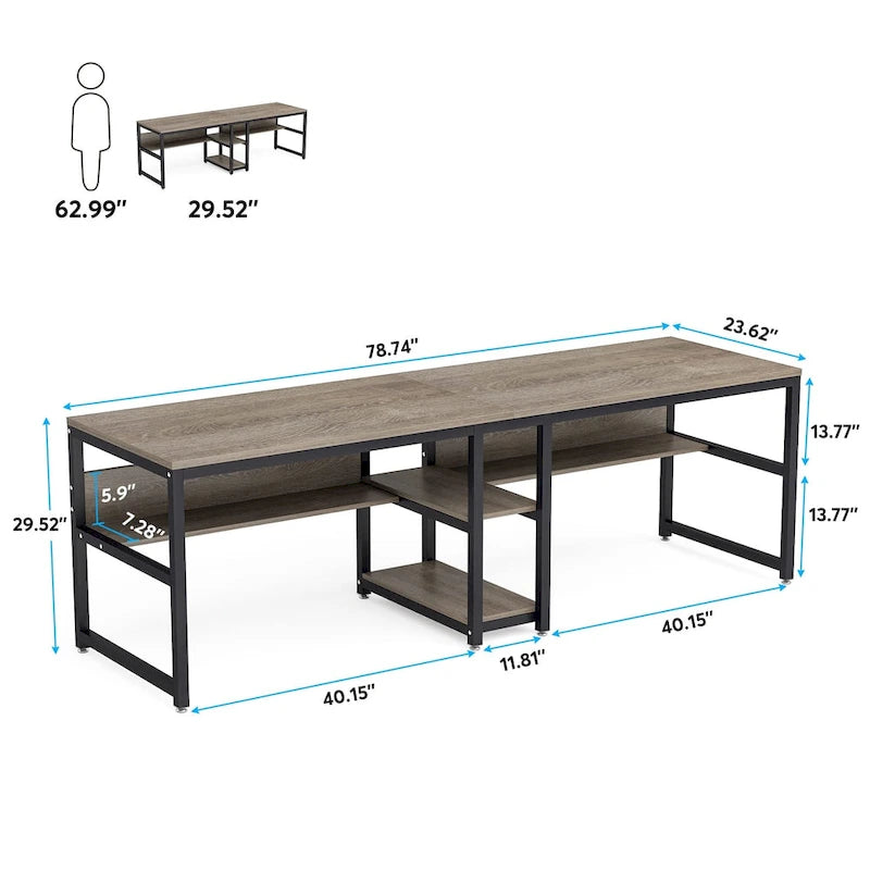 Bureau double industriel avec étagères – 2 personnes – Marron / Blanc / Noir / Gris / Gris clair